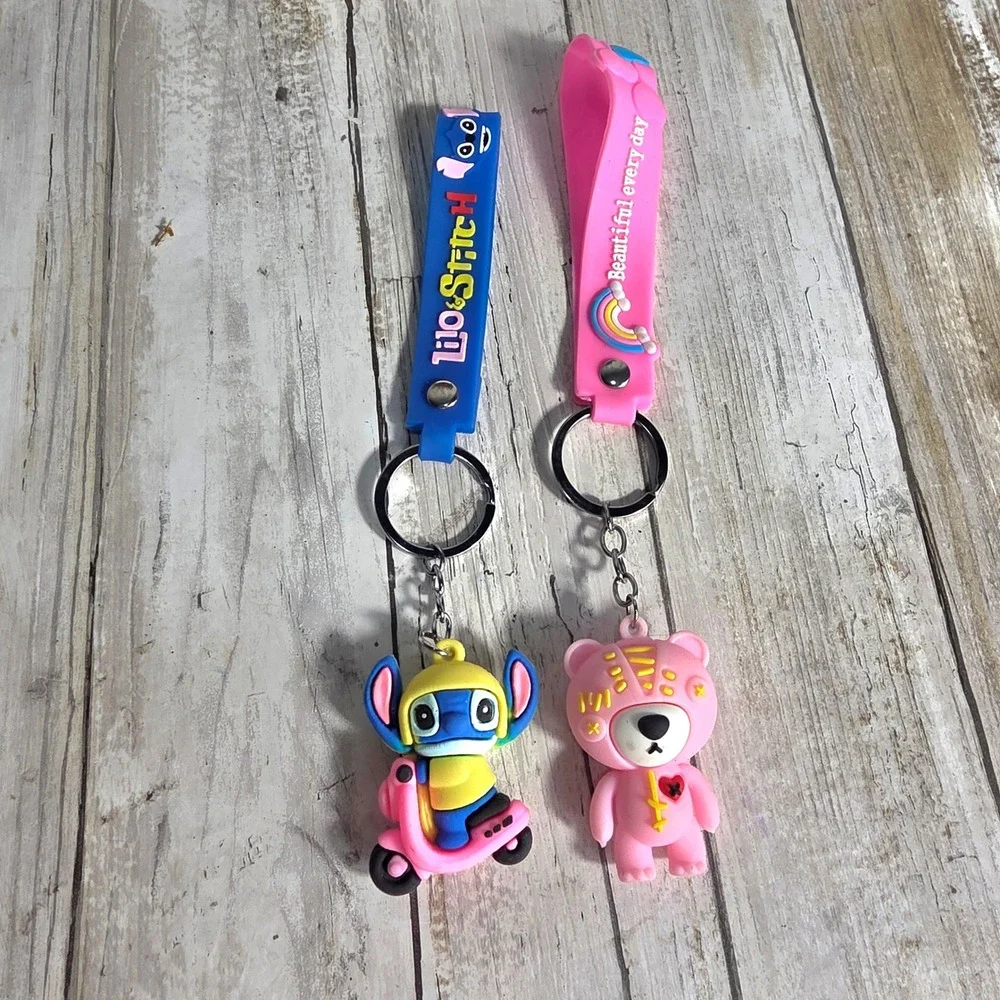 Lilo and Stitch and Pink Bear Silicone Keychain Set 3D Character Bag Charms